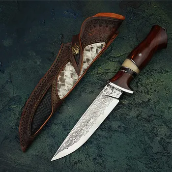 

Damascus steel straight blade VG10 steel pattern steel fixed blade outdoor camping tool Hand-forged knife Wooden handle hunting