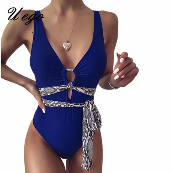 

Uego Blue High Waist One Piece Swimsuit Bandage V-Neck Women Swimwear Mujer Biquini Beachwear Sexy Bikini Lady Bathing Suits