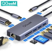 QGeeM USB C Hub für Macbook Pro Air 2020 Xiaomi HDMI VGA SD Micro SD Kartenleser RJ45 Aux PD Ladegerät OTG Multi USB Hub Typ C Dock 3.0 mit Netzteilteiler für Notebook-Laptops Tablets Computer PC Zubehör Dockingstation