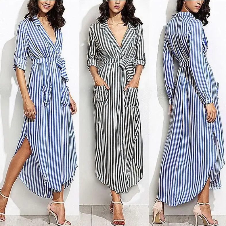 

Hot Selling Women's Stripes Long Suit Collar Long Shirt Dress