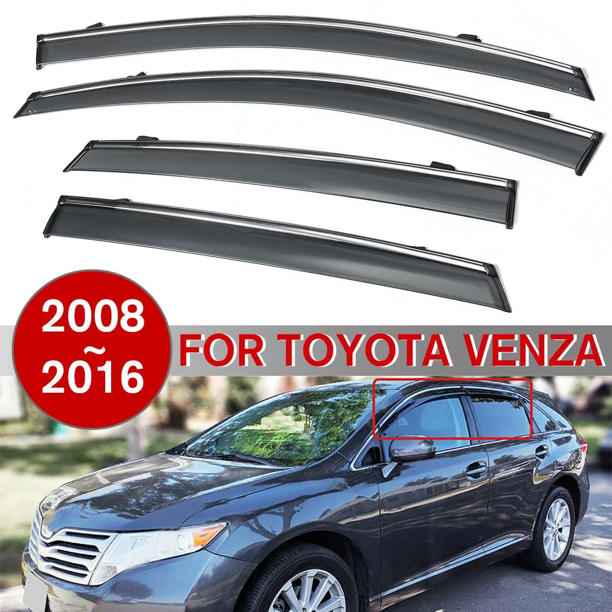 4pcs Car Window Visor Rain Guard Sun Visor Clip on Smoke Tinted Side Window Visor Chrome Trim Cover for TOYOTA VENZA 2008