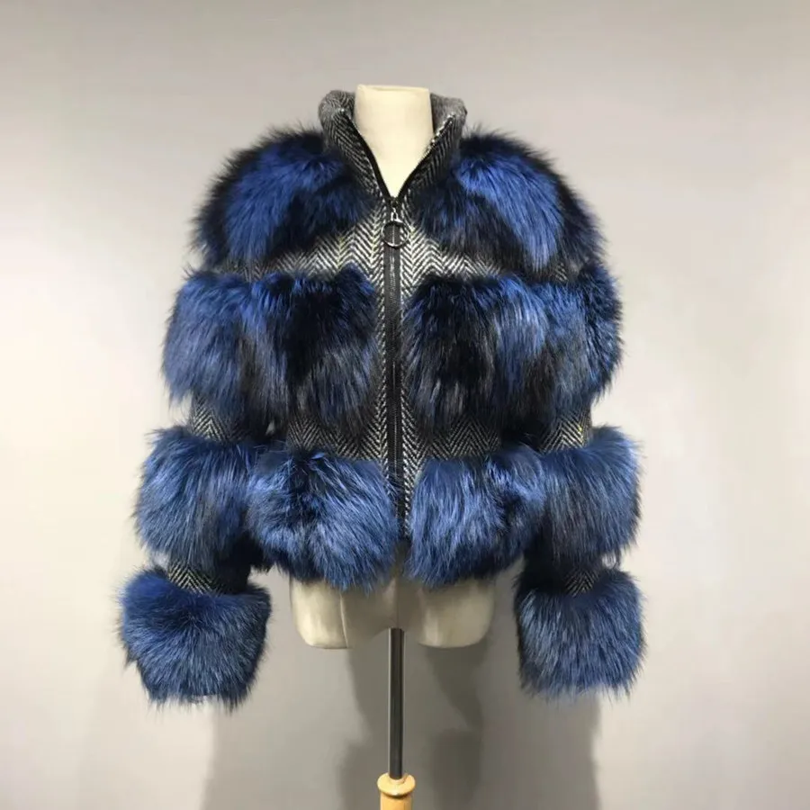 silver blue Ppink java QC19017 натуральное меховое пальто женская зимняя модная куртка пальто из натурального меха енота Новинка - Цвет: silver blue