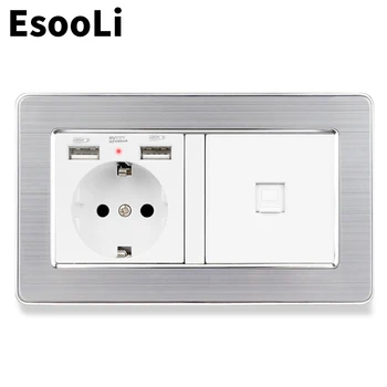 

Esooli EU Standard Wall Socket 2 USB Charge Port Hidden Soft LED + 2 Gang CAT6 RJ45 Internet Stainless Steel Panel