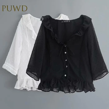 

PUWD 2019 summer new European and American wind layer decoration V-neck long-sleeved tulle shirt women's fashion
