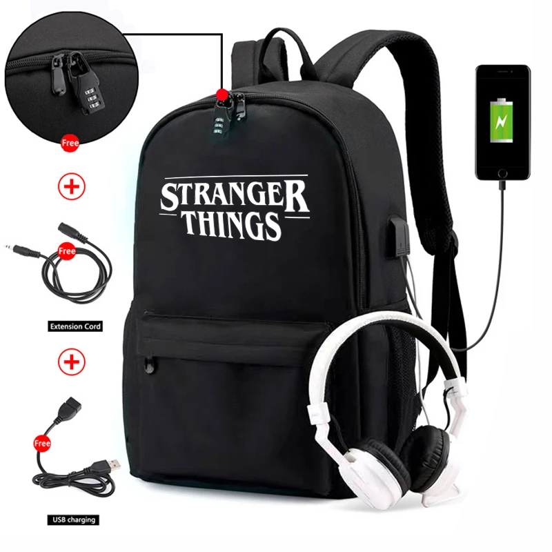 

Canvas Mochila stranger things Backpack USB Waterproof Anti-theft Laptop Luminous Backpack for Boys Girls School bag MenWomenbag