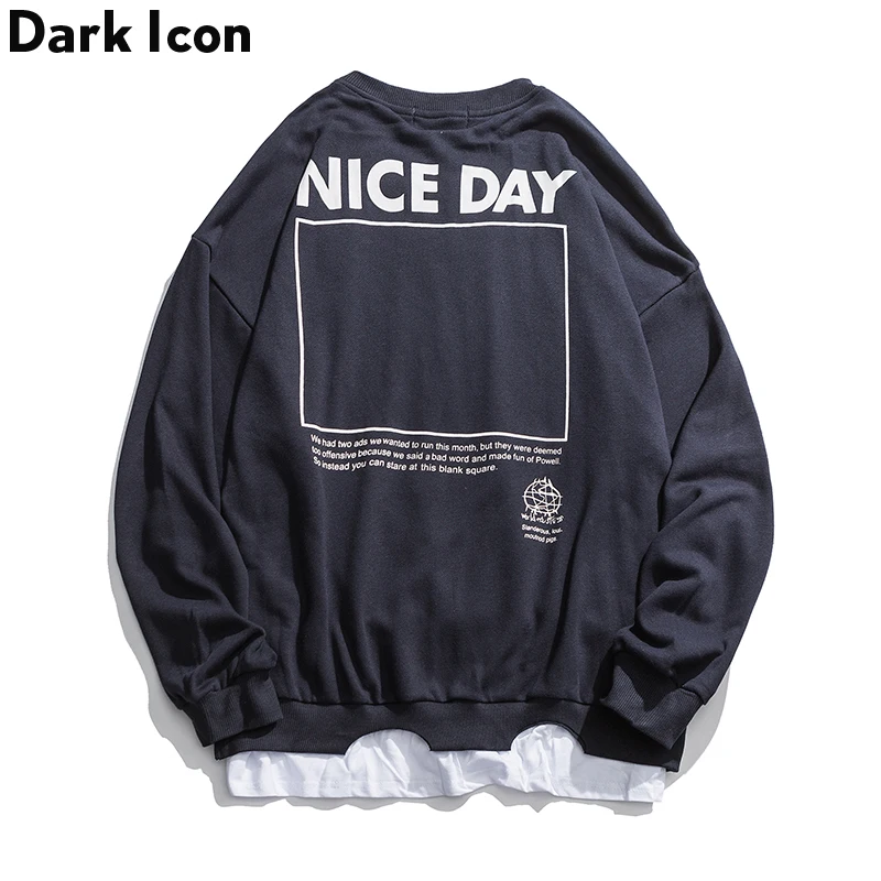 

Dark Icon Nice Day Hole Fake Two Pieces Pullover Sweatshirts Men 2019 Autumn High Style Color Block Wen's Sweatshirt Cotton