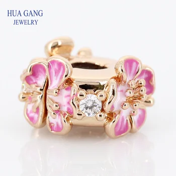 

Spring Peach blossoms flower rose clip charms 925 sterling silver beads charm fit bead bracelets bangles DIY jewelry