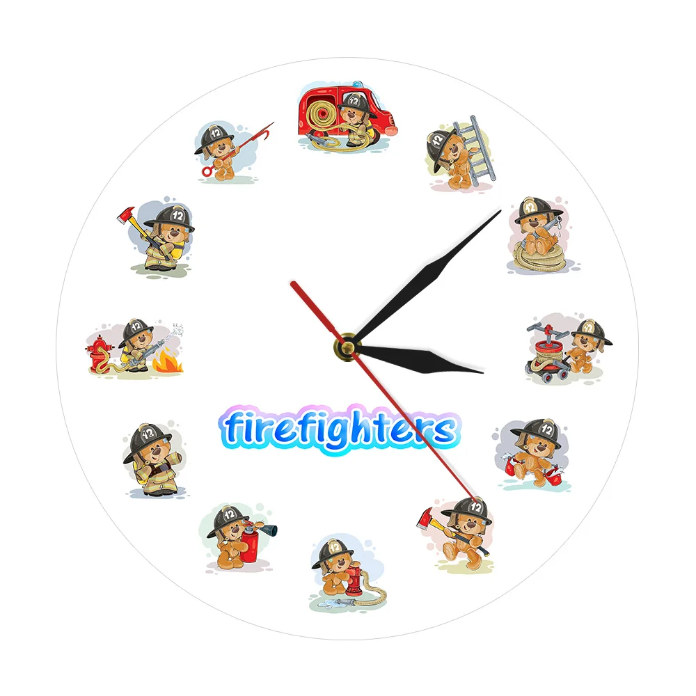cheap Cute Cartoon Firefighter Characters Wall Clock Fire Fighter Hero Lovely Bear Fireman With Rescue Equipment Nursery Wall Decor