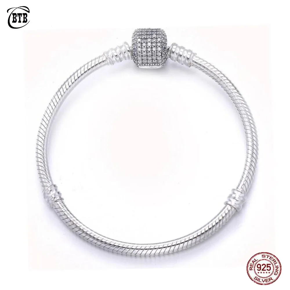 

Original Spring 925 Sterling Silver Shiny CZ Zircon Buckle Snake Chain Bracelet Fit DIY Charms Beads Fashion Jewelry for Women