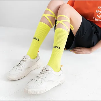 

Newest Women's Fashion Letter Straps Socks Knitting Mid Cross Personality Medium Tube Cotton Socks Solid Colors Cotton sock