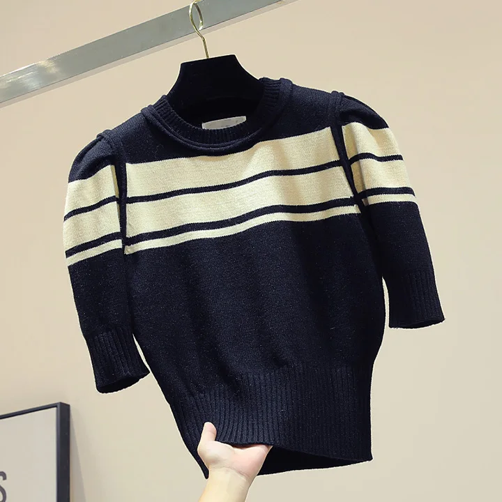 Новинка в Корейском стиле colorblock(цветовой блок), прошитая, с короткими рукавами шорты Модный вязаный свитер для женщин