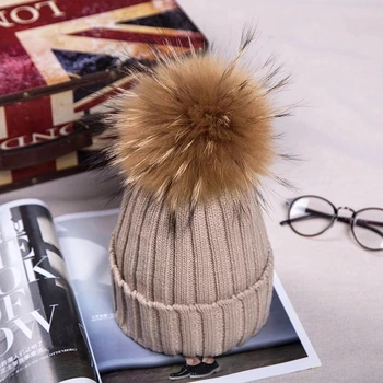 

New 2019 100% Raccoon Fur Shag, Pom Poms Winter Hat, High Quality Girl's Hat, Knit Bean Hat, New Thick Bonnet