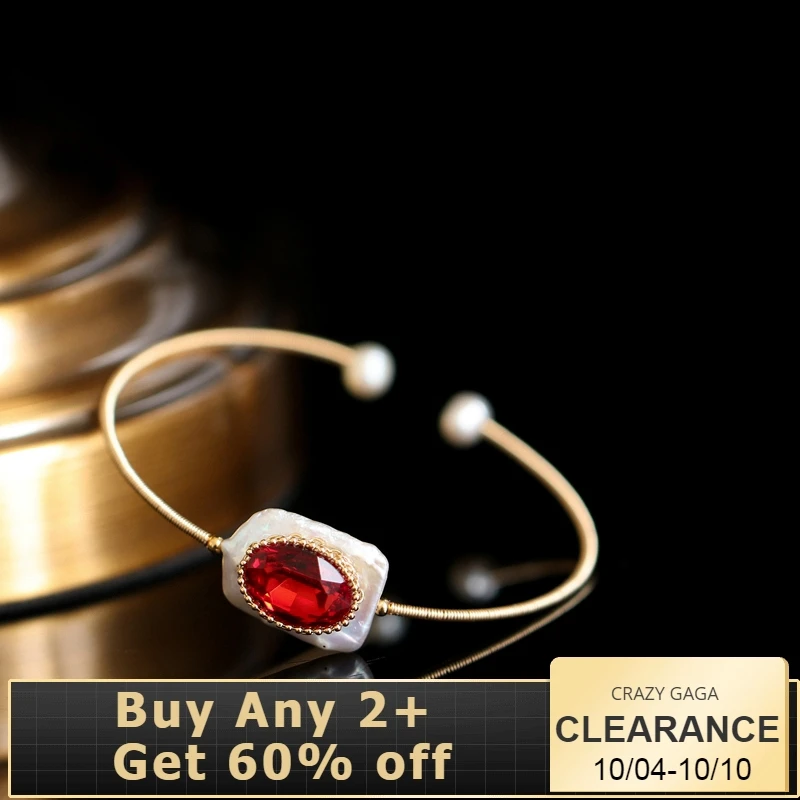

DAIMI Vintage Baroque Pearl Bangle Red Cystal Handmade Designer Jewelry Pearl Bracelet and Bangle For Women