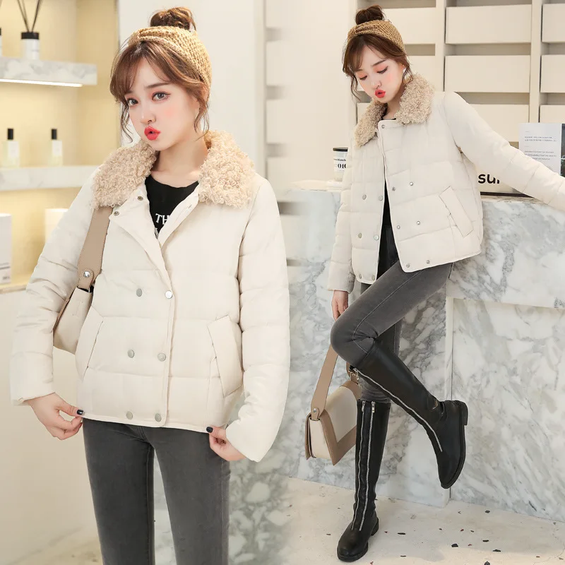 

2019 New Style down Jacket Cotton-padded Clothes WOMEN'S Dress Short Lambs Wool Fold-down Collar Network Red Coat Casual Student