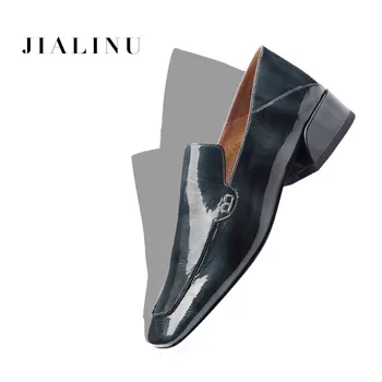 

2019 New Low Heels Square Heels Square Toe Loafers Women Shoes Patent Leather Casual Ladies Shoes Designer Shoes Women