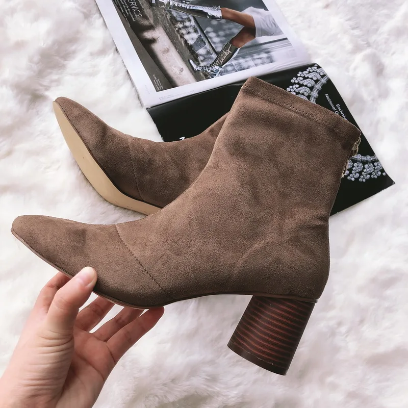 

Metal Ring Sock Boots Women 2019 Faux Suede Cork Rounded Heel Ankle Boots for Women Zipper High Heels Shoes Woman Winter Boots