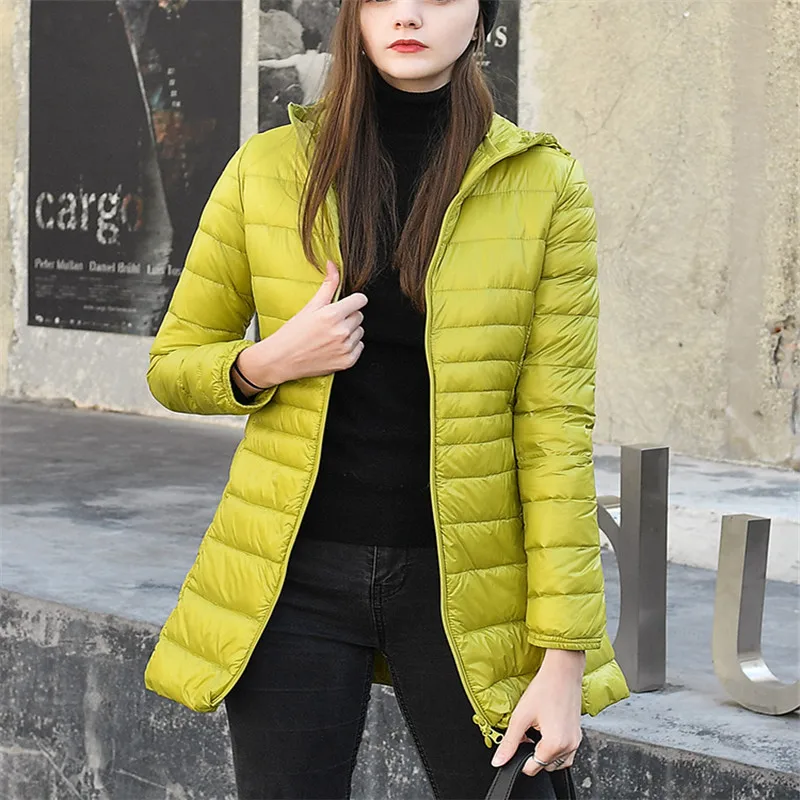 Sanishroly S-7XL Winter Women Midi Long Hooded Jacket Ultra Light Down Coat Parka Female White Duck Down Outerwear Plus Size 735