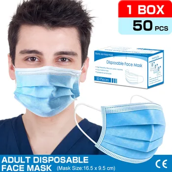 

50 Pcs Disposable Blue Face Mask with Box Pack 3 layers high level protection for Adult Odorless Earloop mask fast delivery