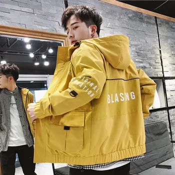 

Spring Autumn Men's Hooded Thicken Slim Jacket Letter Harajuku Large Size Casual Joker Jacket Men hip hop streetwear