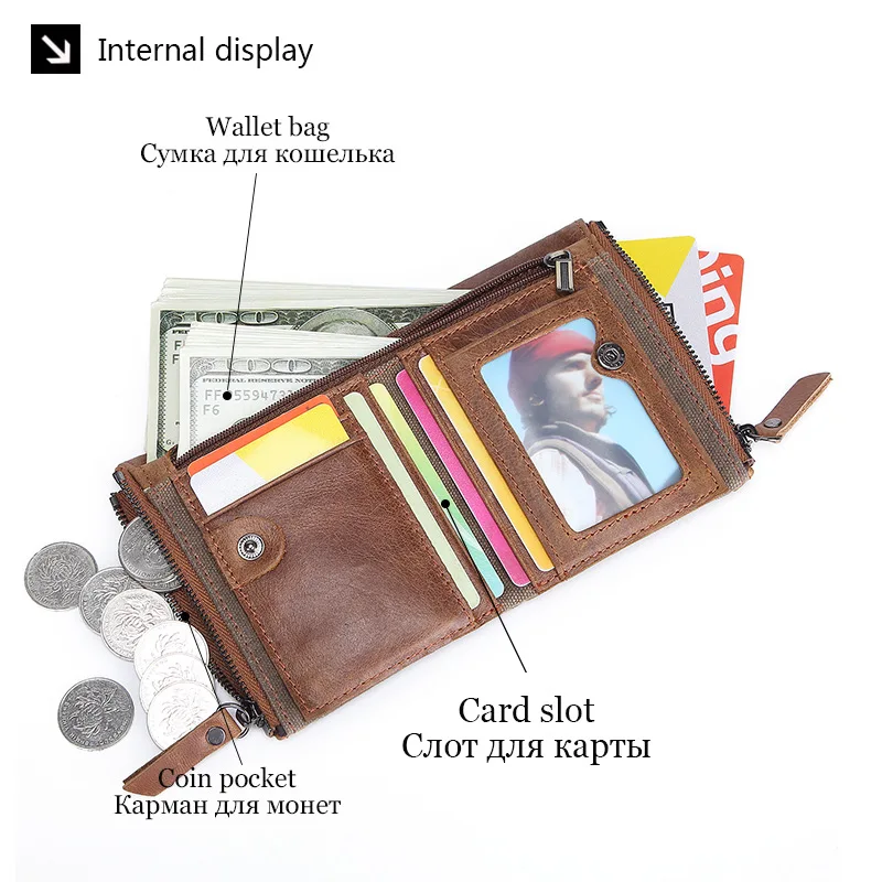 Crazy Horse Leather Man Wallet Leather Short Anti-RFID Pirate Brush Oil Wax Canvas Double Zip Wallet