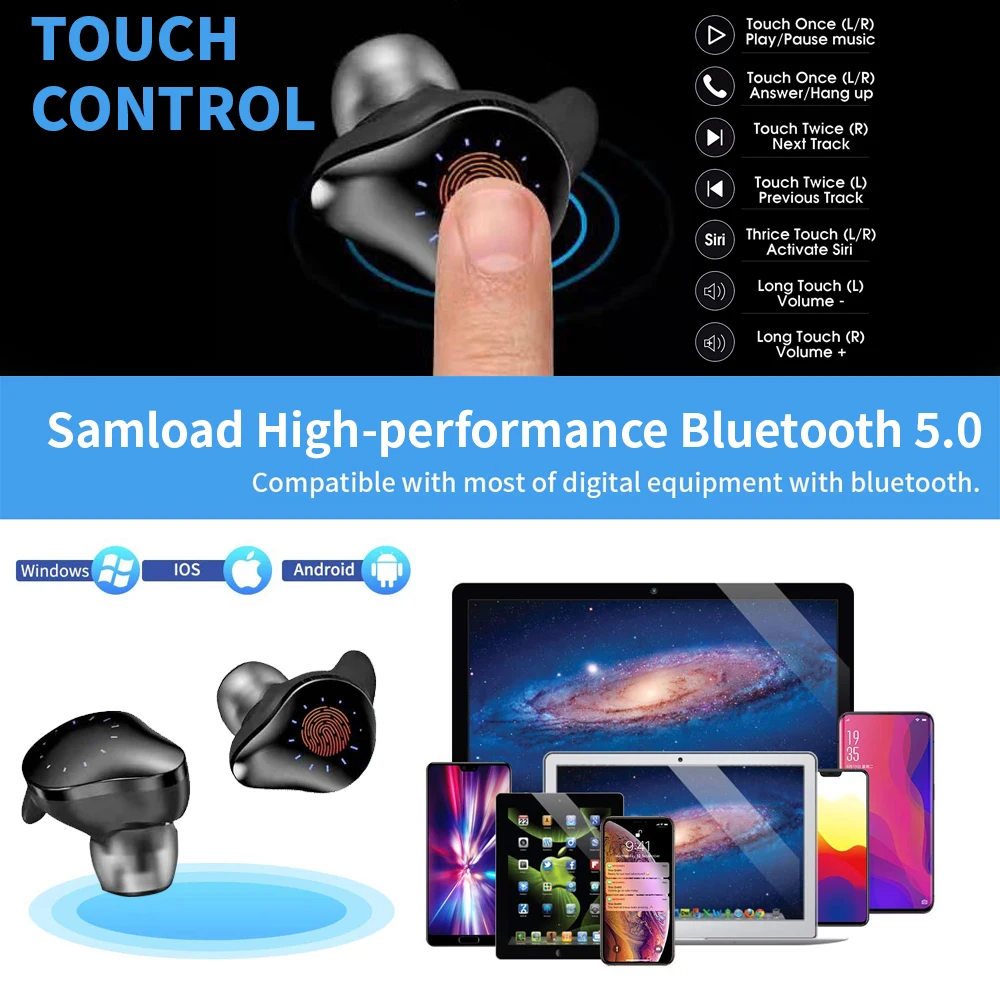 Samload Bluetooth наушники 5,0 3D стерео беспроводные наушники IPX7 водонепроницаемый Сенсорный контроль поддержка AAC SBC Встроенный микрофон