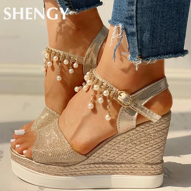 

2019 Women Wedges Sandals Summer Female Rhinestone Fish Mouth Exposed Toe Sandals Ladies Pearl Wedding Party Shoes
