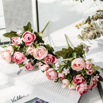

10 Head/Bouquet Mini Fake Tea Rose Peony Flowers For Home Wedding Decor Artificial Rose Penoy Flower Bouquet Bud For Room Decor