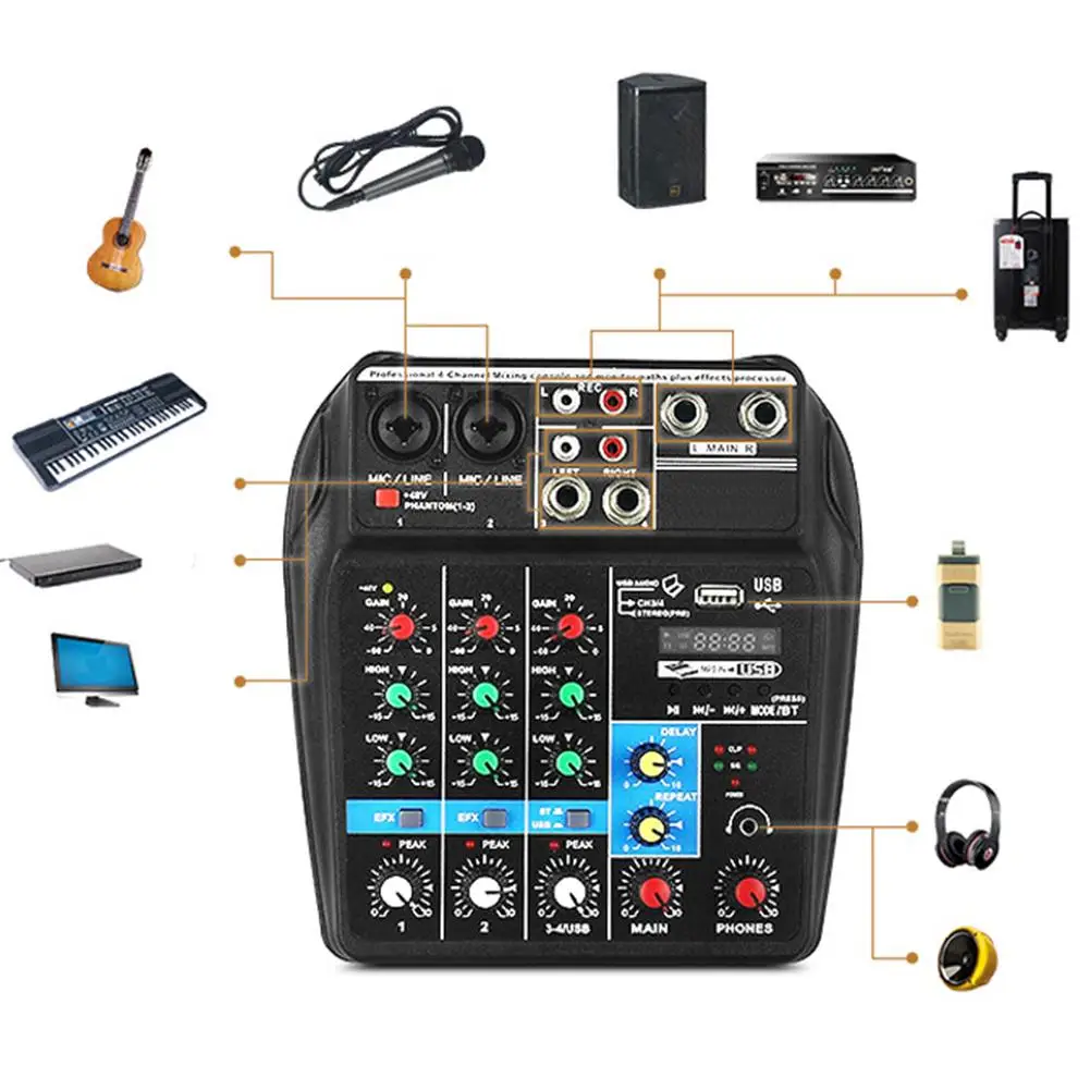 Портативный звуковой микшерный пульт монитор записи AUX USB 4 канала аудио микшер