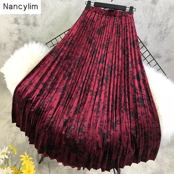 

Retro-abstract Flower Print Velvet Pleated Skirt with Elastic Waist Women Autumn Winter Long Skirt New Ladies Maxi Skirt