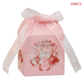 

100pcs Christmas Snowflake Hollow Favor Gift Candy Box Storage with Ribbon Baby Shower Wedding Party Supplies