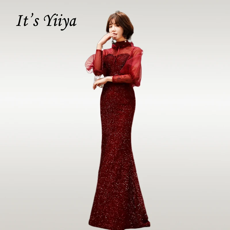 

It'sYiiya Evening Dress Burgundy Trumpet Dresses Women Party Night Shining Lantern Sleeve Long Plus Size Formal Gowns E700