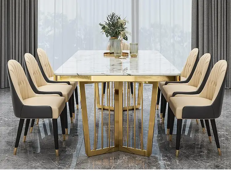 

Marble dining table and chair combination rectangular slab family high-end gold-plated dining table