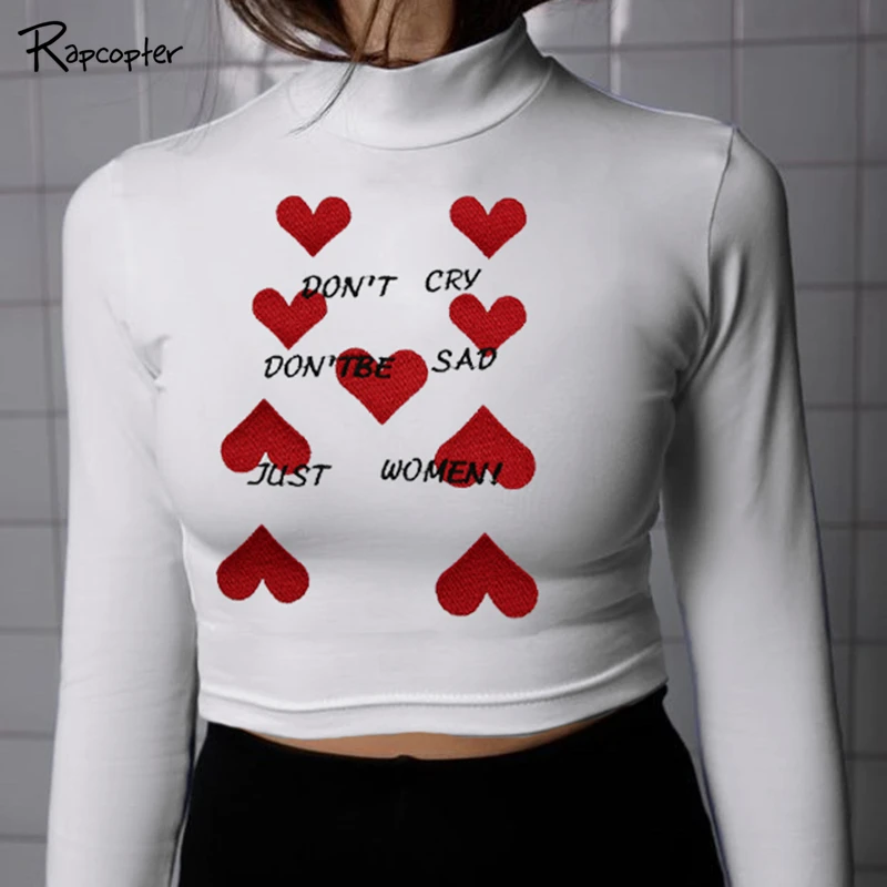 

Rapcopter Printed Cute Women Bottoming Tshirts Turtleneck Autumn Basic Fashion T Shirt Ladies Casual White Cropped Cotton Tees