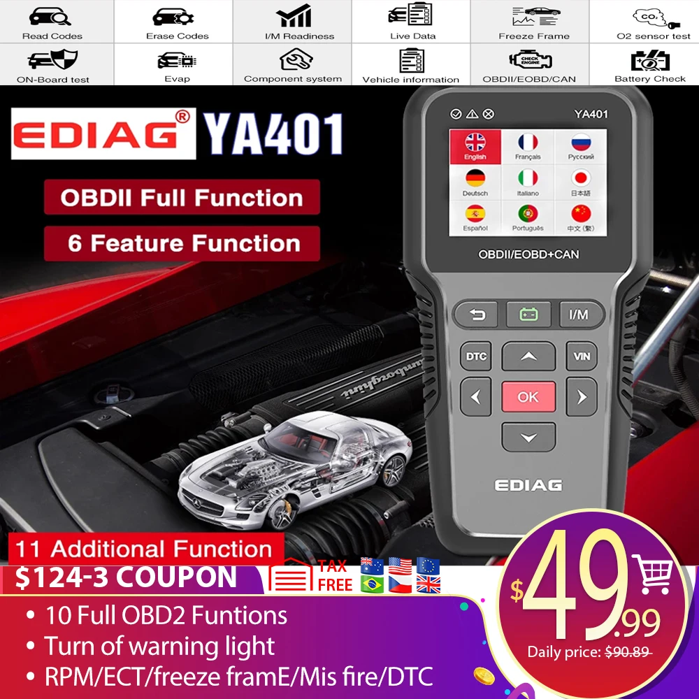OBDII code Reader YA401 Scanner Tool Support Free update Full OBD2 Functions battery check PK KW850 CR3008 Auto code scanner