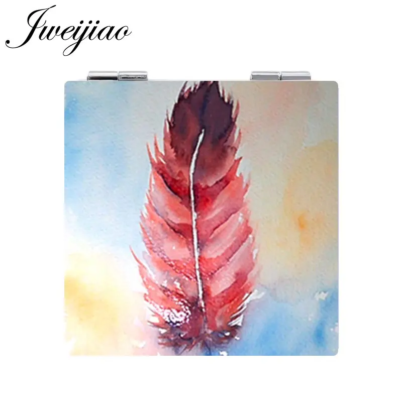 

JWEIJIAO Colourful Painting Feather Printed Square Leather Pocket Mirror Mini Folding 1X/2X Magnifying Compact Makeup Mirror