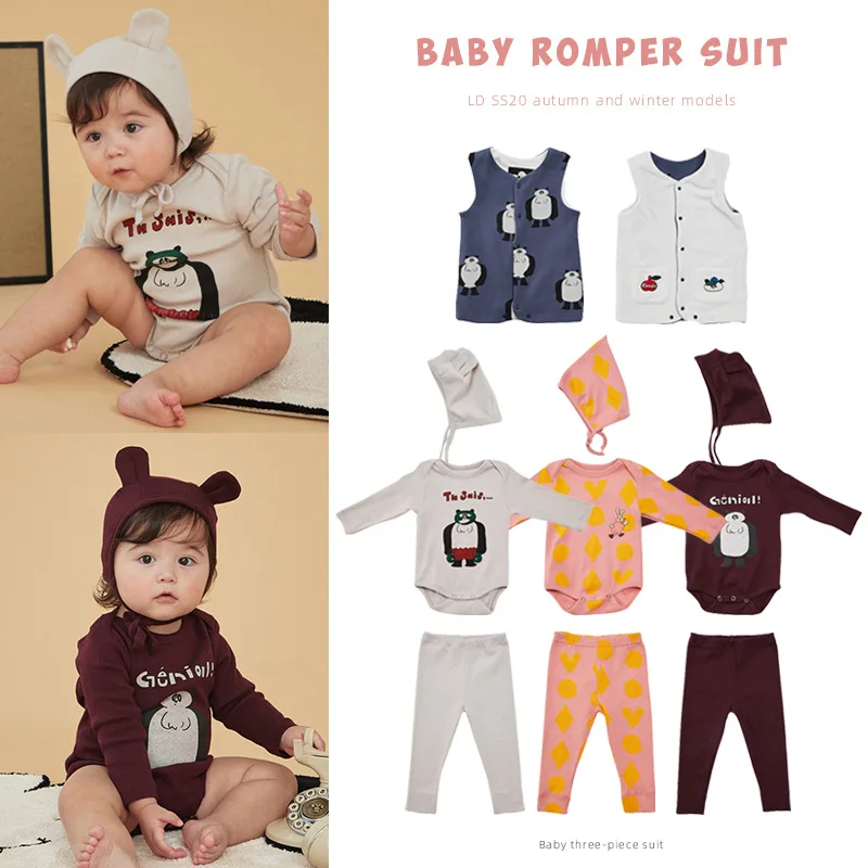 

Autumn / Winter 2020 Baby Children's Cotton Long Sleeve Romper Pants Hat Cartoon Three Piece Thermal Suit