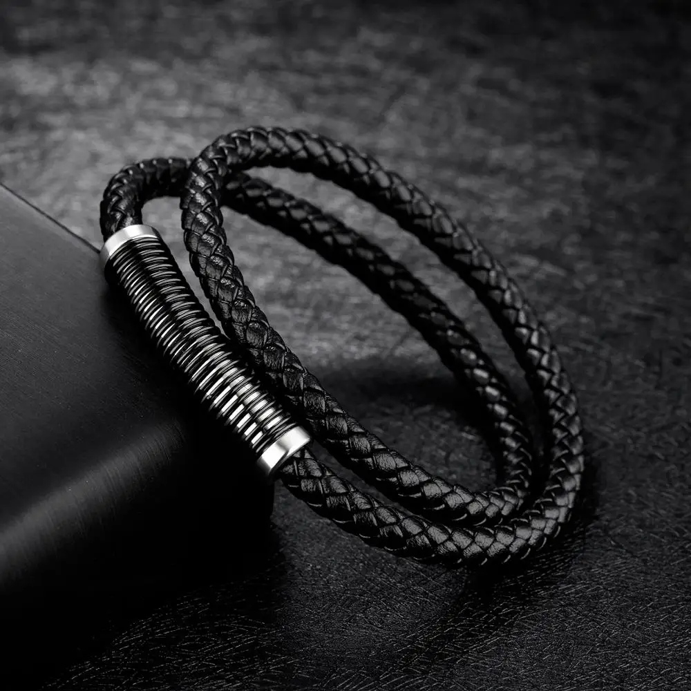 

Men Bracelet Stainless Steel Bangles Luxury Brand Punk Men Retro Spring Black Leather Bracelet Fashion Cowhide Wristband Jewelry