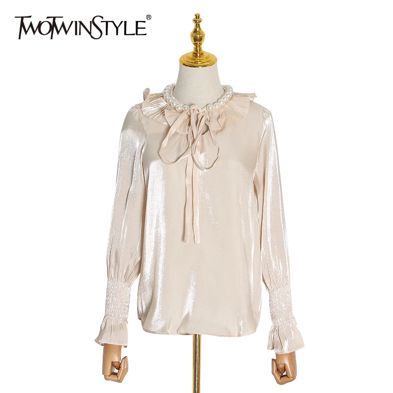 TWOTWINSTYLE Элегантная атласная рубашка для женщин с воротником-фонариком и длинным