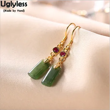 

Uglyless Fashion Simple Square Jasper Earrings for Women Natural Green Jade Brincos Gold Color Real 925 Silver Fine Jewel E1763
