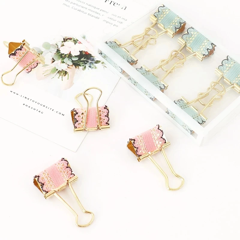 

ALLTU Lovely hollow lace paste ticket clip imitation gold 25mm long tail clip learning office supplies paper binding decorative