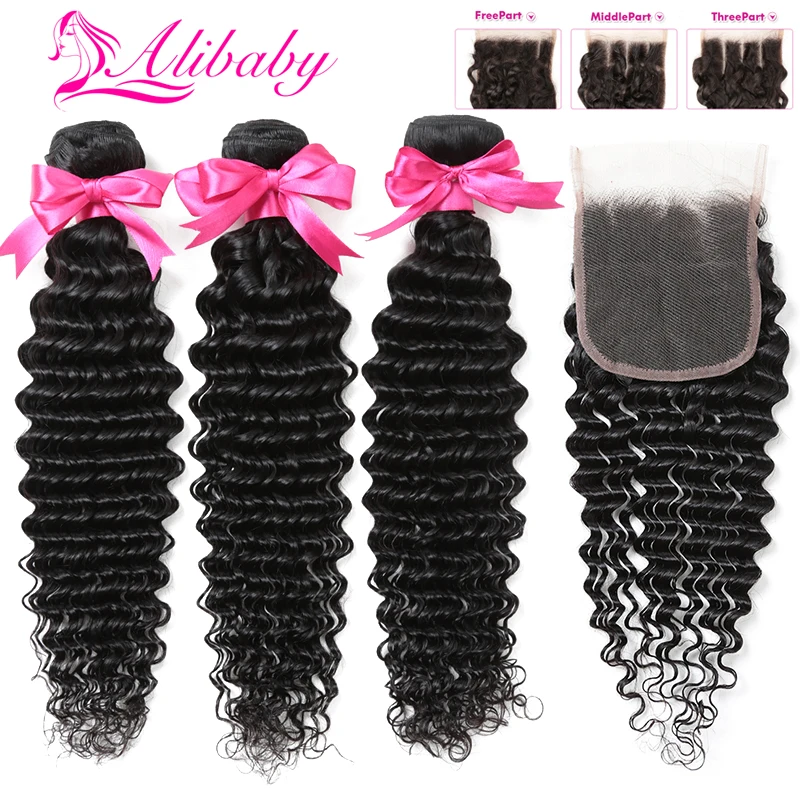

Alibaby Peruvian Hair Bundles With Closure Natural Color Deep Wave Bundles With Closure Non Remy 4Pcs/Lot Human Hair Extensions