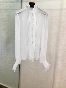 

2019 new ladies fashion long-sleeved sexy casual stitching ruffled silk shirt 1121