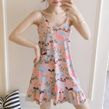 

flowers Print night dress Women Fashion Korean style Casual V-Neck Sleeveless Sleepwear Mini Dress sexy sleepwear