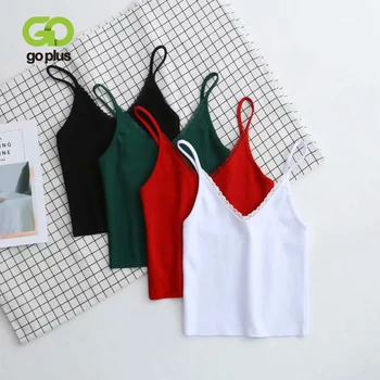 

GOPLUS 2020 Strap Short Tank Top Women Sexy Lace V Neck Soft Elegant Crop Top Women Casual Slim Streetwear Camisole Female