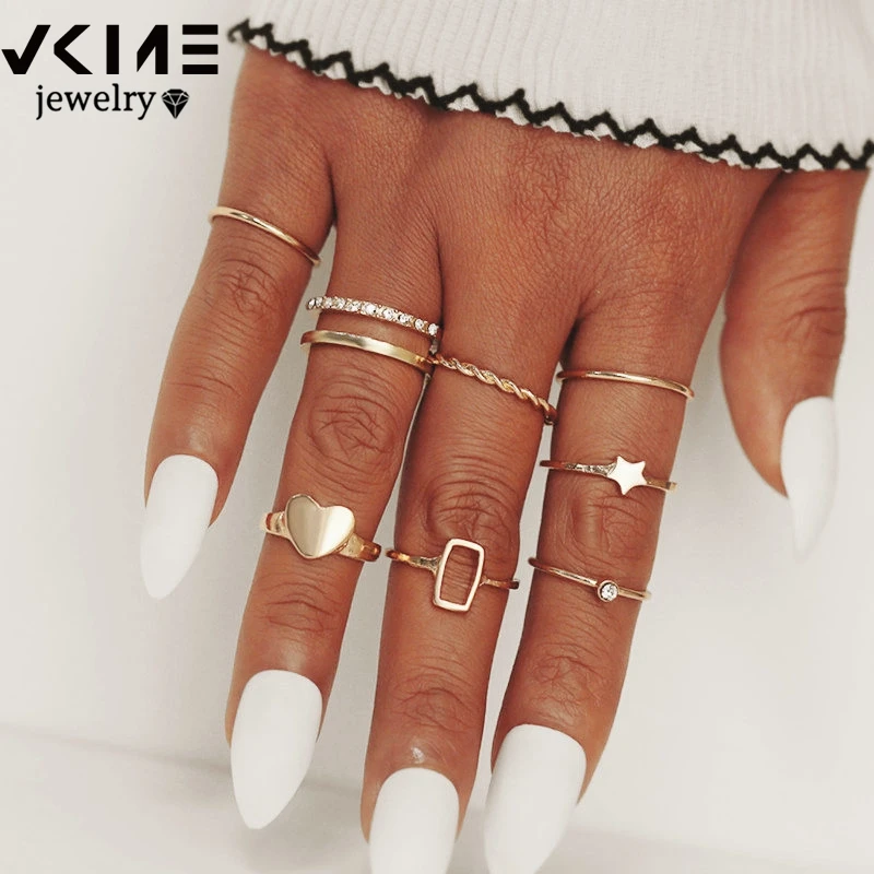 VKME New Vintage Gold Crystal Rings 2020 Bohemian Moon Star Ring For Women Midi Finger Set Wedding Fashion Jewelry Gifts | Украшения и