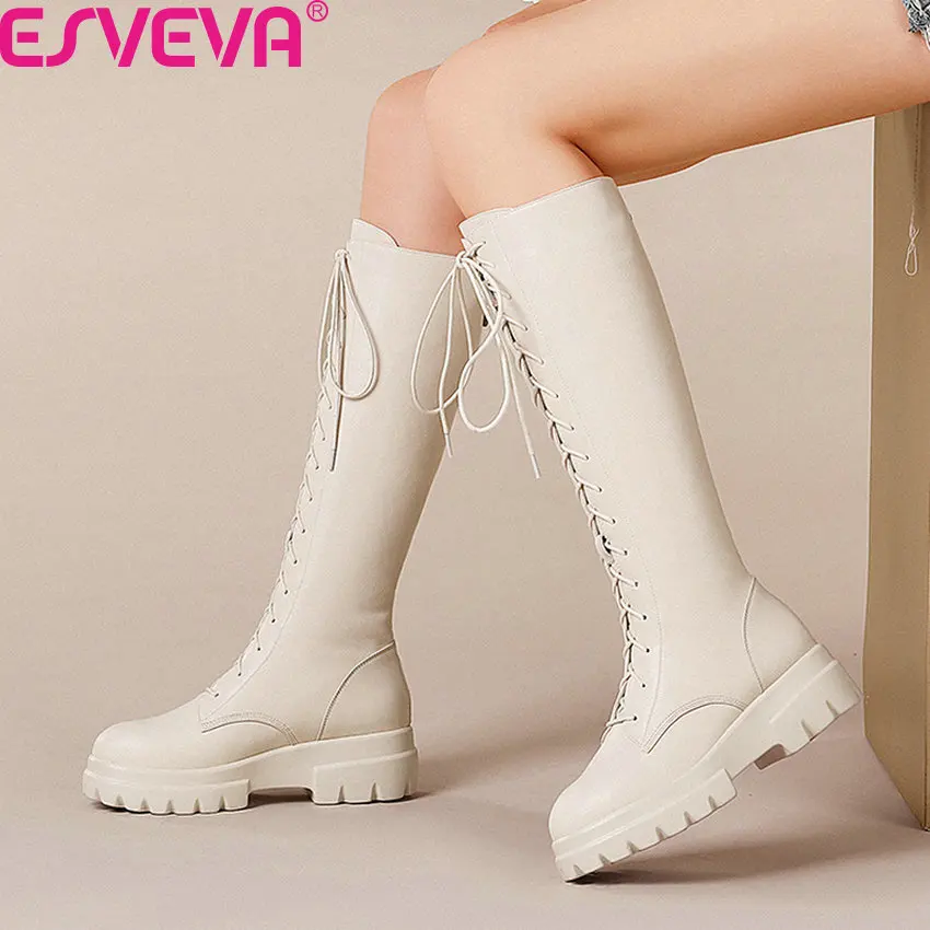ESVEVA г. Повседневная женская обувь на платформе со шнуровкой и молнией высокие сапоги с круглым носком осенне-зимние сапоги до колена из коровьей кожи Размер 34-42