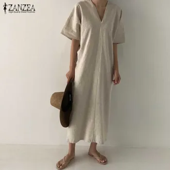 

ZANZEA 2020 Vintage Linen Dress Women's Summer Sundress Casual V Neck Split Midi Vestidos Female Short Sleeve Tunic Robe Femme