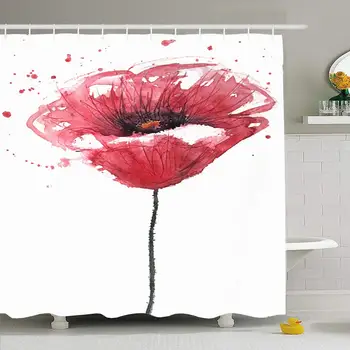 

Shower Curtain Set with Hooks 60x72 Poppy Modern Flower Graphic Natural Red Design Layer Watercolor Toned White Paint Spring