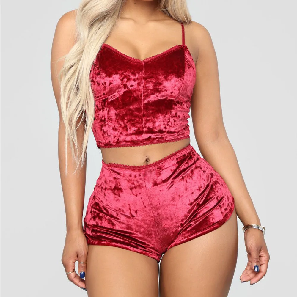 Sexy Pink Red Silk Satin Velvet Pajamas 