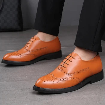 

Luxury Classic Mens Brogue Oxfords Dress Shoes Genuine Cow Leather Brown Pointed Toe Lace Up Male Formal Footwear Wedding Party
